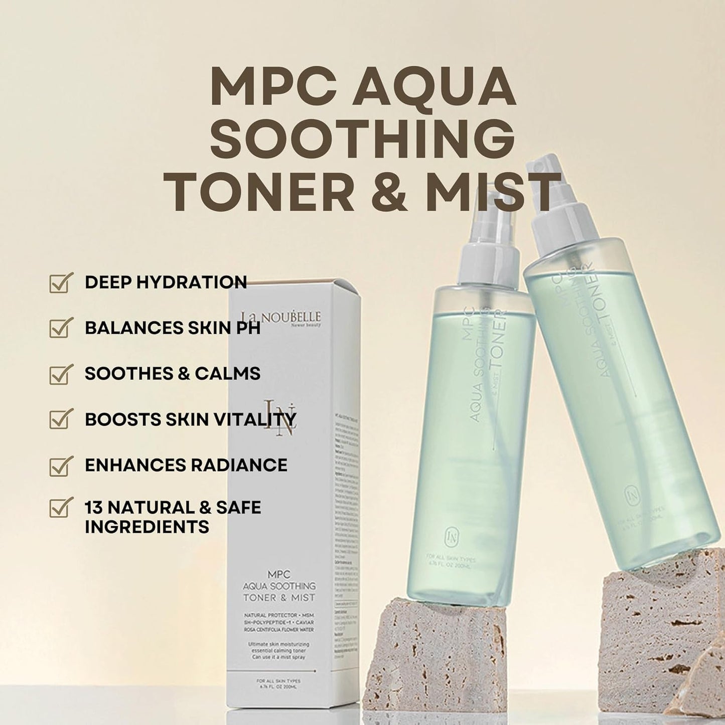 Aqua Soothing Toner & Mist - Deep Hydrating PH Balance Restorer with Caviar, Peptides & CICA | 6.76 fl oz