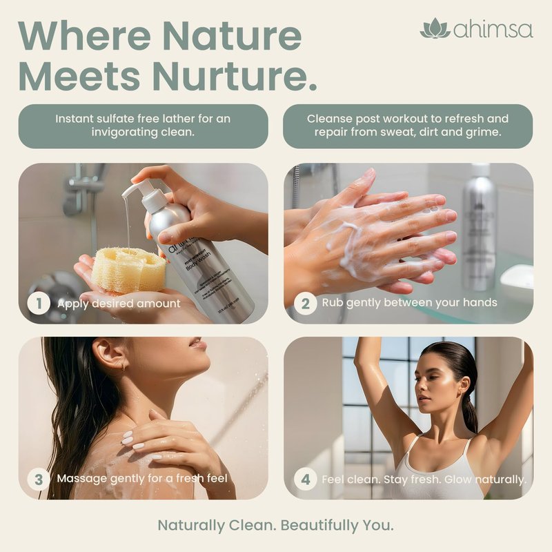 Ahimsa Gentle All Natural Body Wash for Women, Moisturizing Body Wash Sensitive Skin, Dry Skin & All Complexions, Invigorating Spearmint & Ginger Antioxidant-Rich, Plant-Based Sulfate Free (10oz)