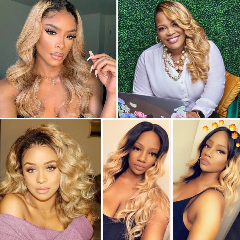 Biliisyff 1b27 Honey Blonde Ombre Body Wave Human Hair Bundles Two Tone Black and Honey Blonde Bundles Wet And Wavy Bundles 100g/Pcs 8A Grade Brazilian for Black Women 14 16 18 Inch