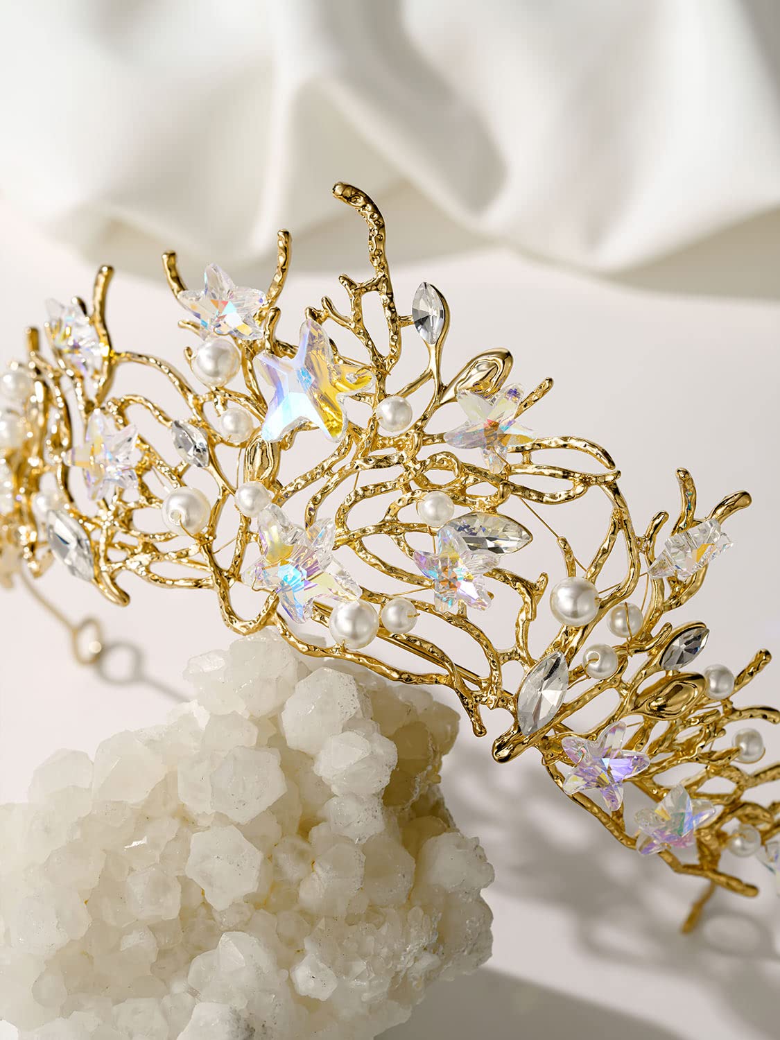 SWEETV Mermaid Tiara for Girls Women, Gold Princess Crown Diadem, Jeweled Headpiece Costume Hair Accessories for Birthday Prom Quinceanera Halloween