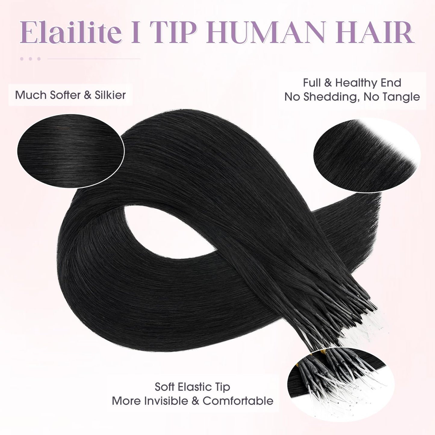 Elailite I Tip Hair Extensions Human Hair Elastic Itip Real Remy Hair Jet Black 22 Inch 50G 50Strands Straight Pre Bonded Keratin Fusion Human Hair Extensions