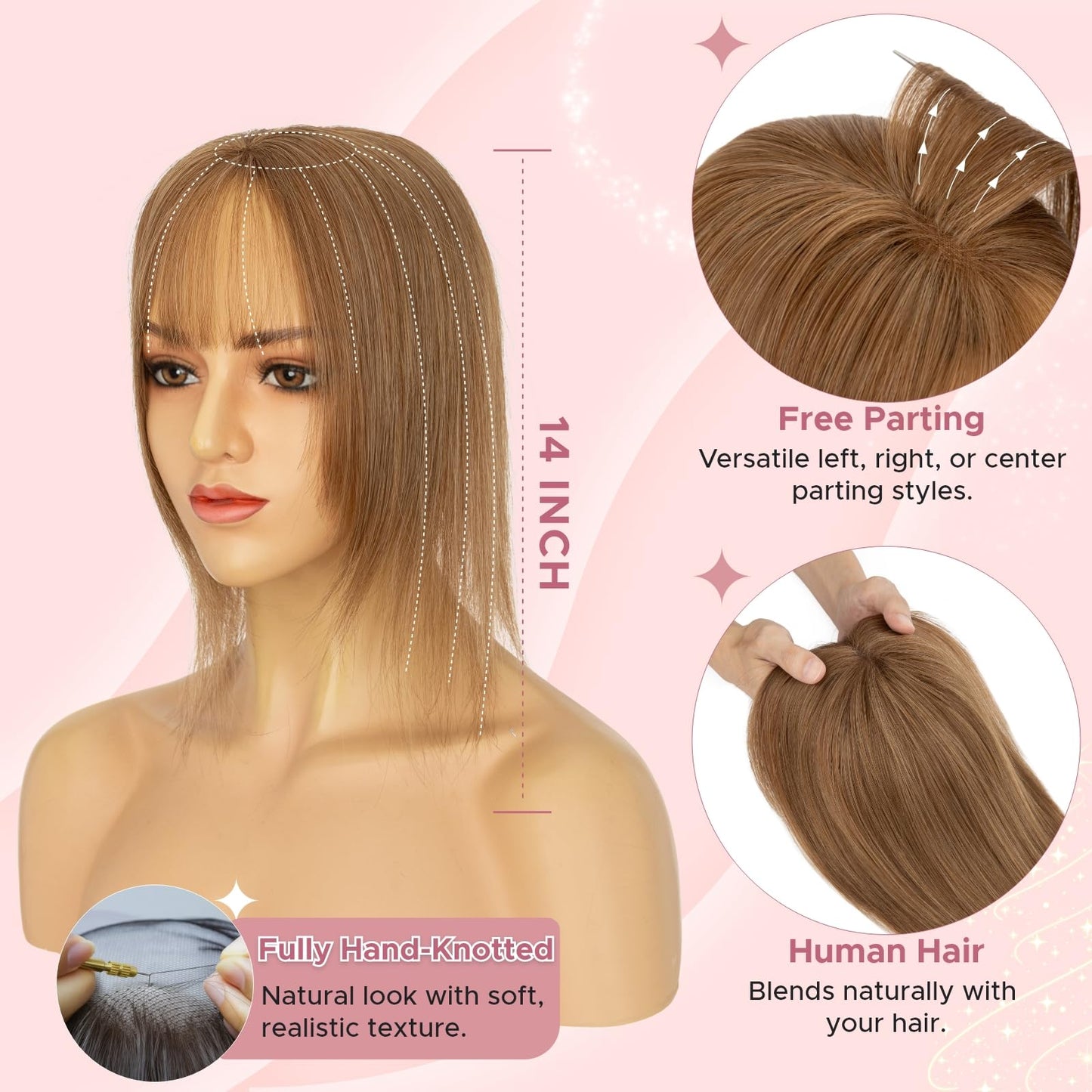 SEGO Pro Hair Topper with Front Bangs, 10 Inch Human Hair Topper for Thinning Hair, 3.15"x4.53" Silk Base for Hairline & Part Coverage, #6 Light Brown
