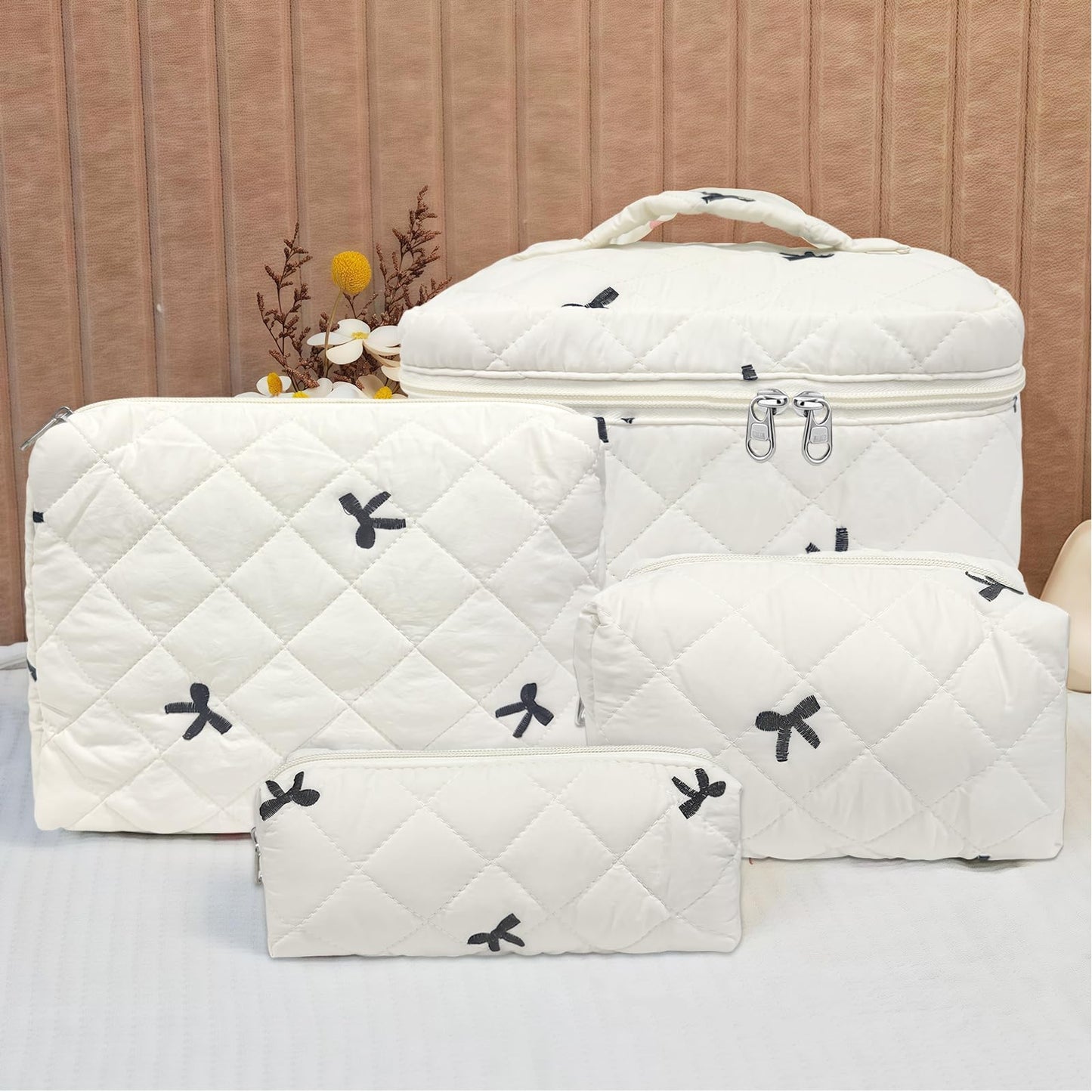 Cozomga Cute Cotton Quilted Makeup Bag Set, Large Travel Cosmetic Bag for Women, Big Make Up Bag with Toiletry Organizer, Aesthetic Storage for Daily Use & Travel