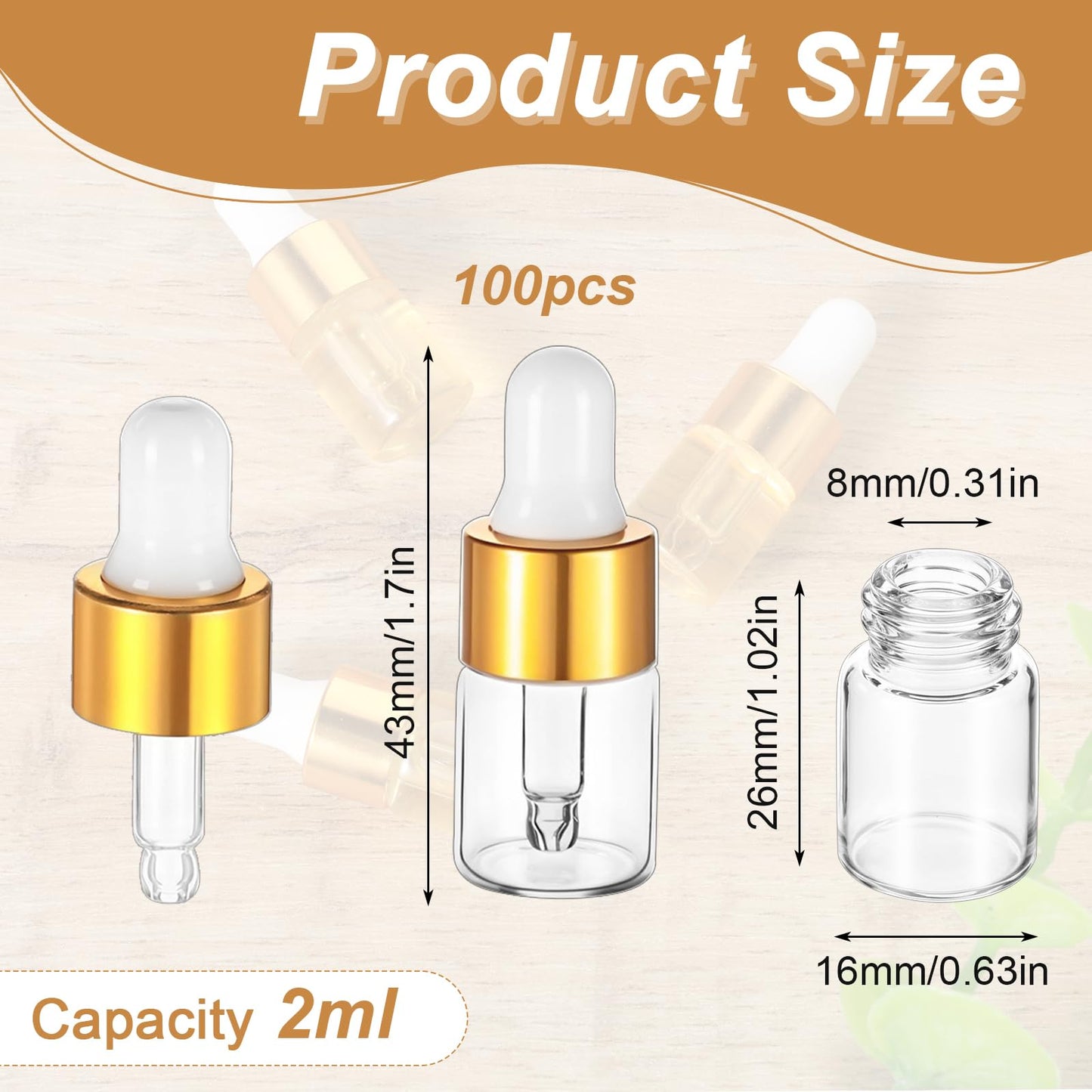 wutfuooo 100 Pcs Mini Glass Oil Dropper Bottle Bulk, 2 ml Gold Clear Essential Small Empty Bottles Sample Containers Perfume Liquid Vials with Cap for Traveling