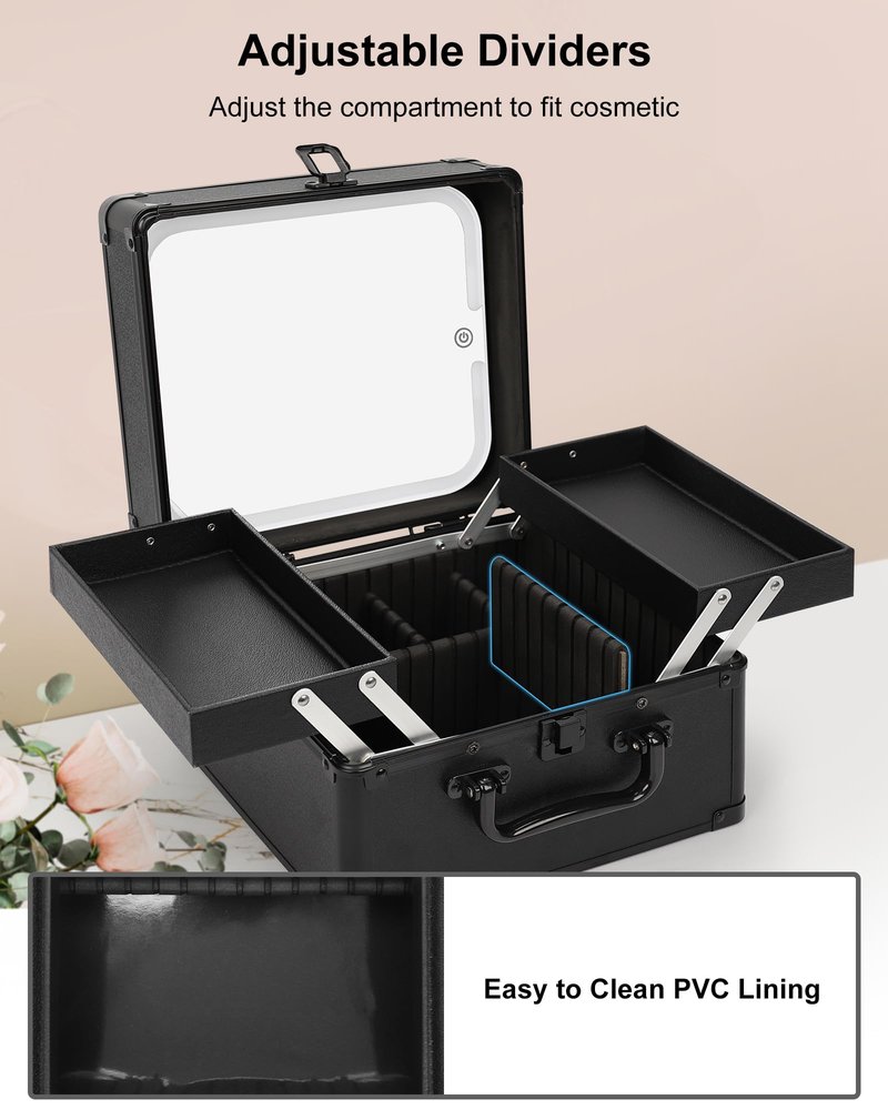 Chomeiu Makeup Bag with Mirror, Travel Train Case Large Cosmetic Organizer with 2 Trays and Vanity Mirror with LED Lights, Brush Holder Storage Box Suitcase for Nail Kits Cosmetics Craft, Black