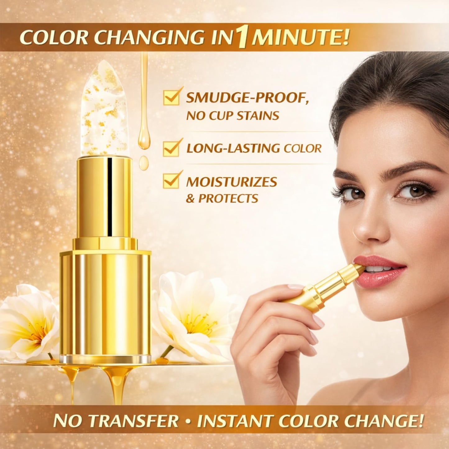 Color Changing Lipstick, Gold Crystal pH Color-Changing Lipstick 24HR Transferproof Lip Gloss,Moisturizing Tinted Lip Balm,Mother's Day & Birthday Gifts, Teacher Gifts for Women (2Count (Pack of 2))