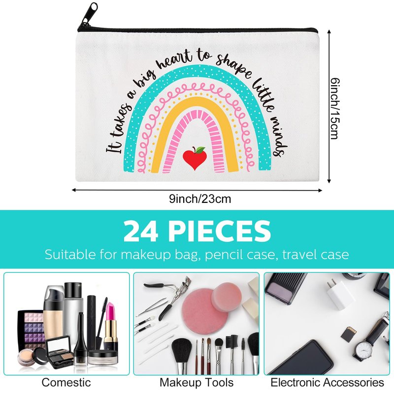 24 Pcs Christmas Teacher Appreciation Gifts Makeup Bag Bulk Inspirational Gift for Teachers Nurse Social Worker Caregiver Volunteer Canvas Cosmetic Bags(It takes a big heart to shape little minds)