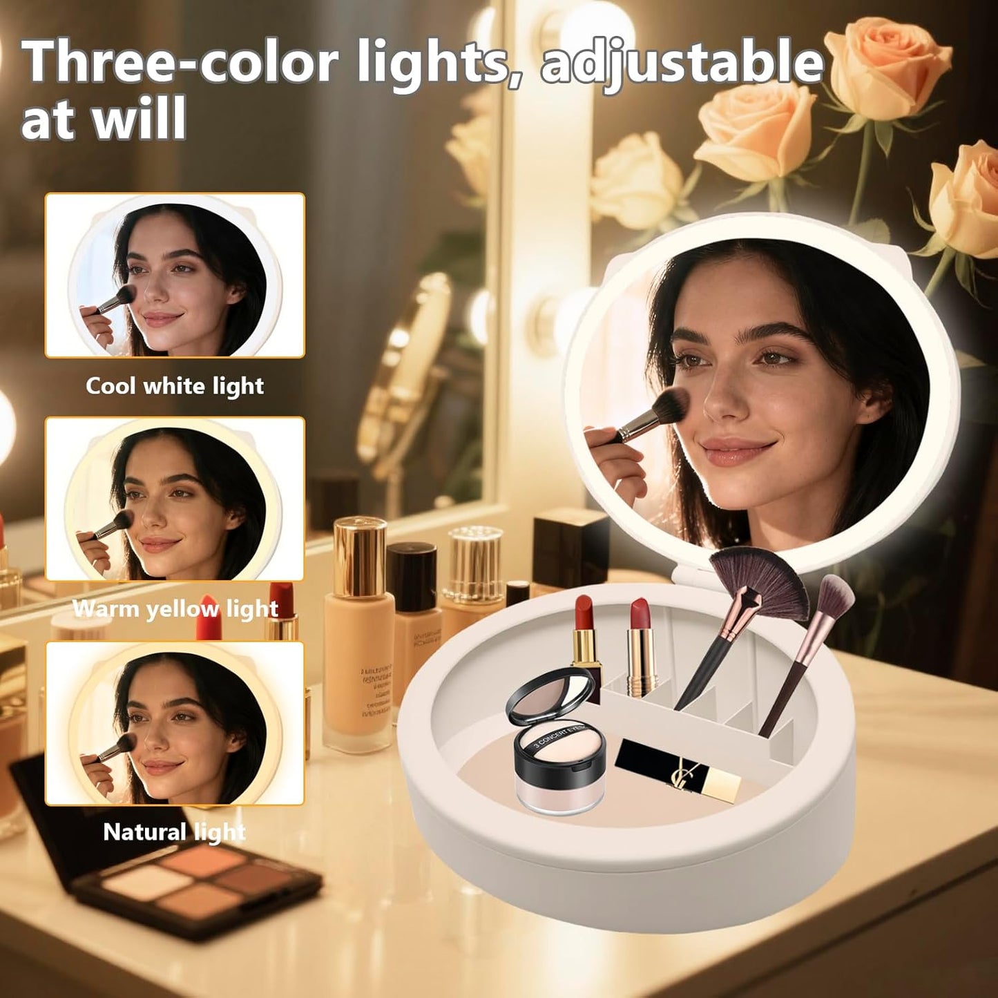 LED Makeup Mirror - 10X/1X Magnifying Vanity Mirror with 66 LEDs | 3 Lighting Modes & Storage (White)