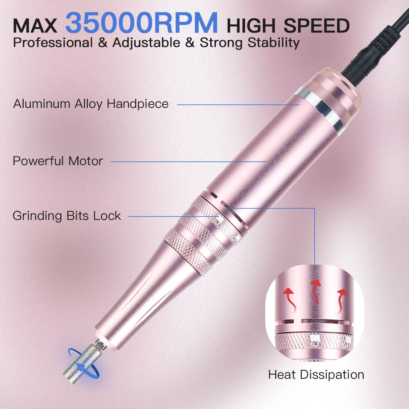 Professional Nail Drill 35000 RPM Rechargeable Electric Nail Drill Machine Portable with 11 Pcs Drill Bits for Acrylic Nails, Gel Nails, Manicure Pedicure Polishing