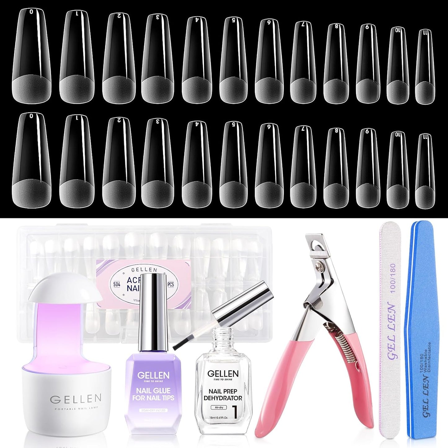 Coffin Shape Nail Tips Kit - 504Pcs Half Matte with 7 in 1 Gel Glue & UV Lamp | DIY Nail Art Set