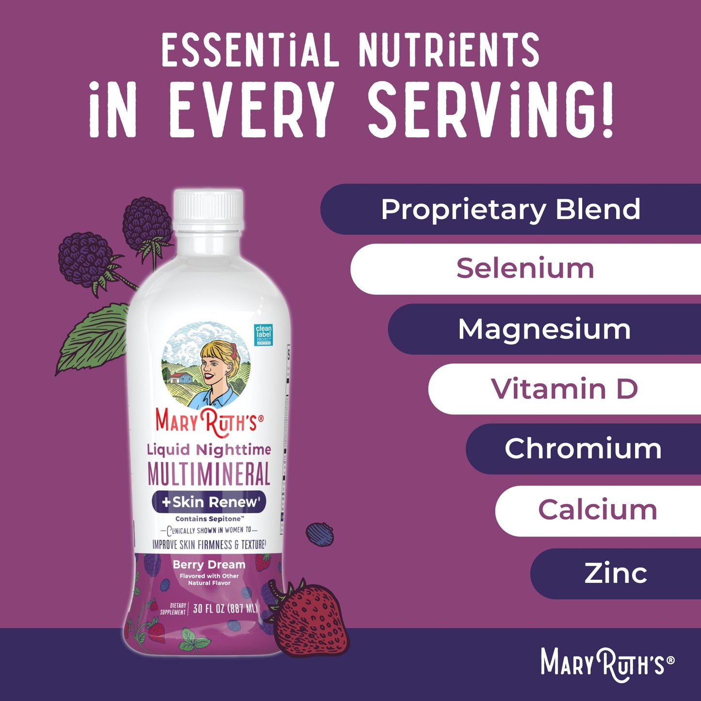MaryRuth's Liquid Nighttime Liquid Multimineral + Skin Renew | Clinically Shown in Women to Reduce Fine Wrinkle & Improve Skin Firmness | Sepitone | NO Melatonin | Magnesium | Vegan | 30 Servings
