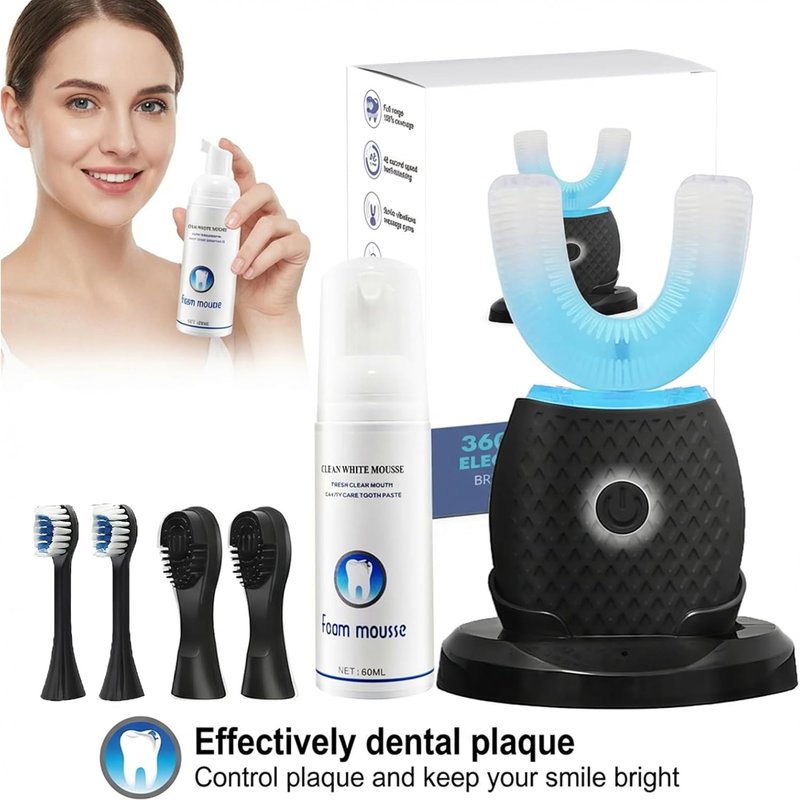 U-Shaped Toothbrush for Adults - Ultrasonic Foam Cleaning, Hands-Free Design, 4 Brush Heads | Black with Blue LED Light