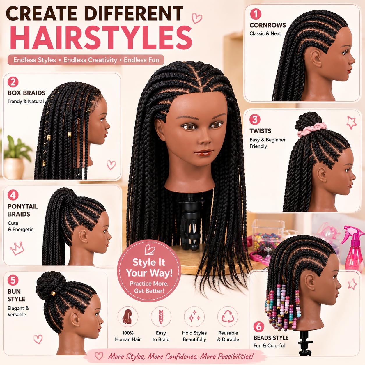 Morris Mannequin Head 100% Human Hair Training Head Kinky Curly Hair Hairdresser Manikin Head Cosmetology Doll Head for Hairdresser Practice Styling Braiding with Clamp Stand (16Inch)