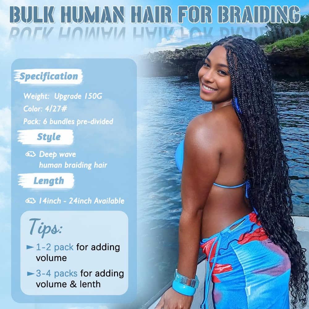 Ombre Braiding Hair - 6 Bundles 150g 14 Inch Deep Wave Human Hair Extensions | Virgin Curly 4/27