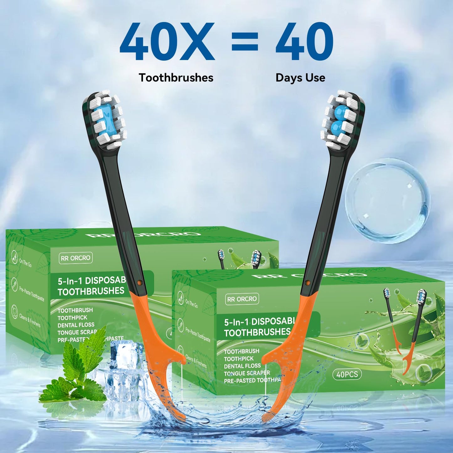 40Pack Disposable Toothbrushes with Toothpaste + Pick + Floss + Tongue Scraper 5-in-1 Mini Prepasted Travel Toothbrush for Hotel Camping Flight Car Single Use Portable Individually Wrapped | Mint