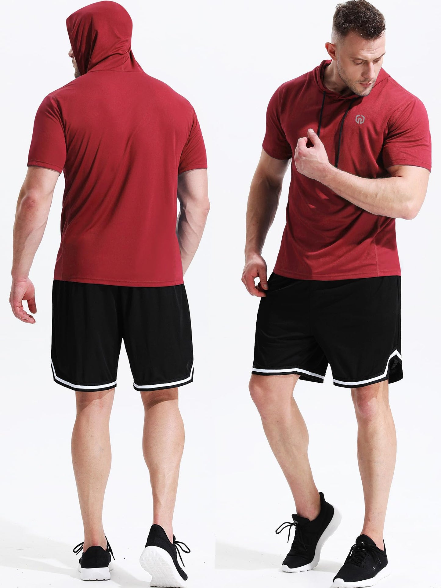 NELEUS Men's Running Shirt Mesh Workout Athletic Shirts with Hoods,5084,3 Pack,Black/Blue/Red,US L,EU XL