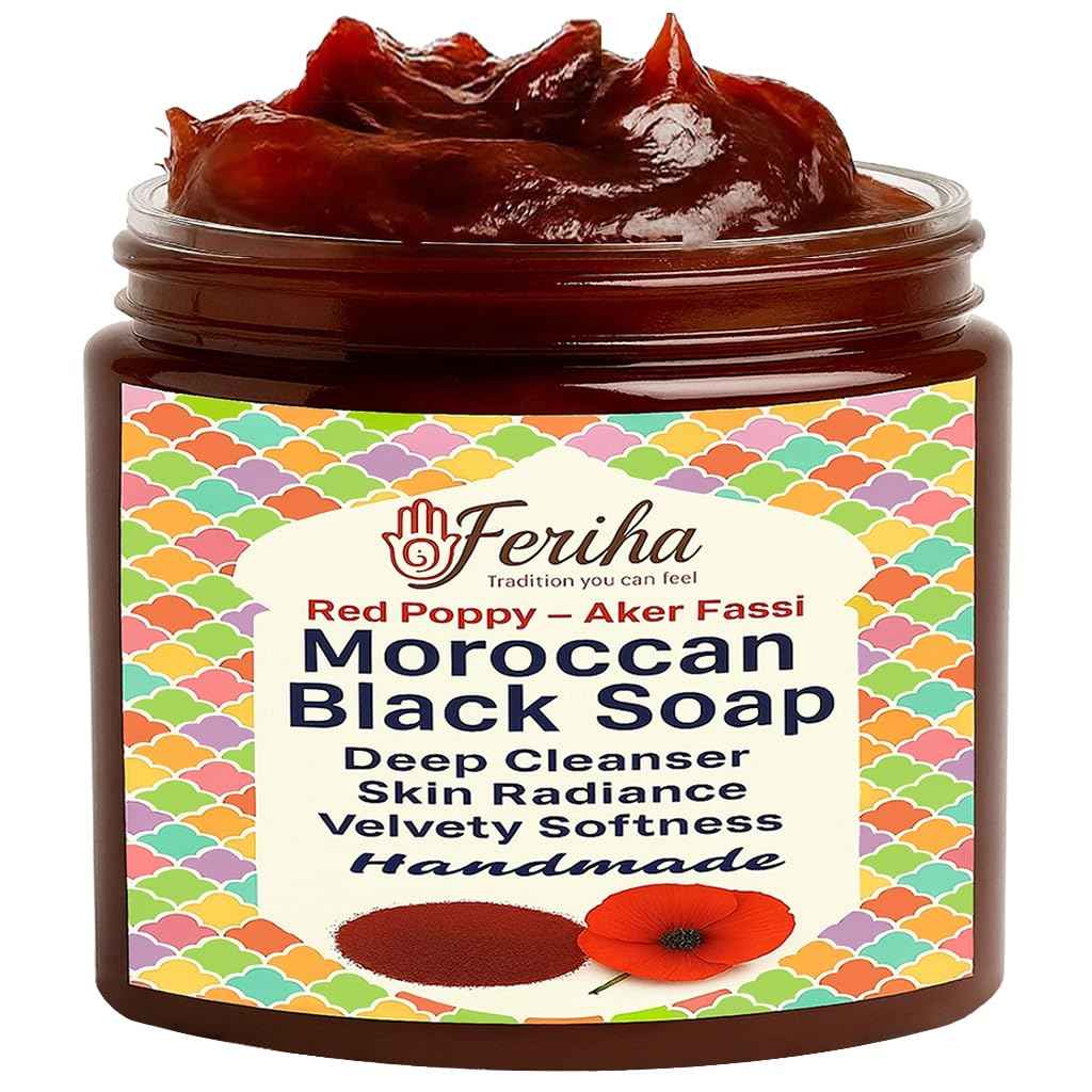 FERIHA Moroccan Black Soap with Aker Fassi – Red Poppy Petals & Pomegranate Shell – 100% Natural Artisan Beldi Hammam Soap for Radiance, Skin Firming & Deep Cleansing – Sourced & Crafted in Morocco