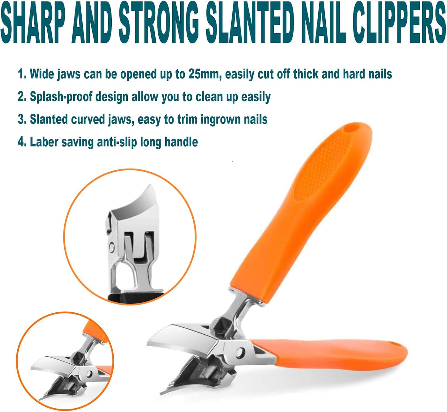 Slanted Nail Clippers - 2-Piece Set with Wide Jaw Opening for Thick & Ingrown Toenails | Anti-Splash Design