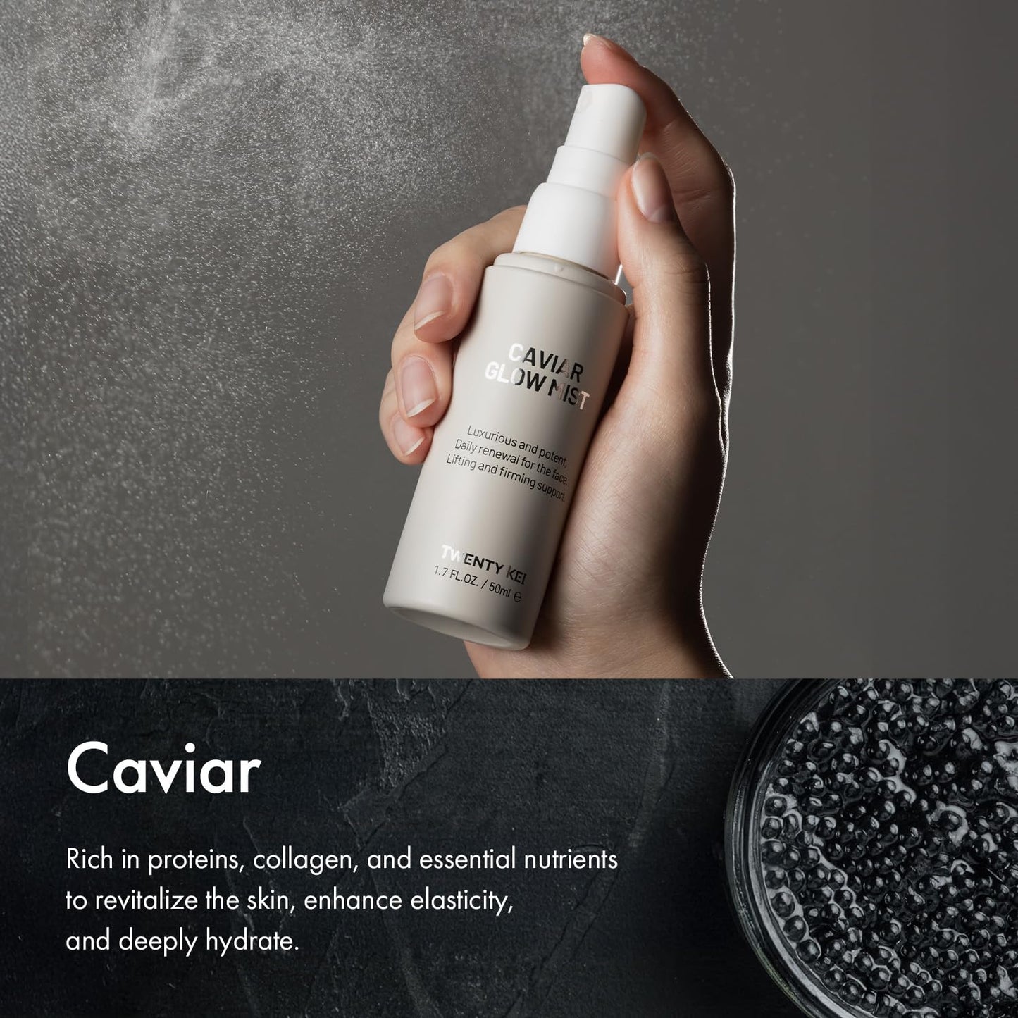 TWENTY KEI Caviar Glow Mist, Korean Hydrating Facial Spray with Caviar Extract & 10 Natural Oils, Dual Layer Face Mist for Dry, Dull-Looking Skin, Daily Glow Mist, 3.38 Fl Oz