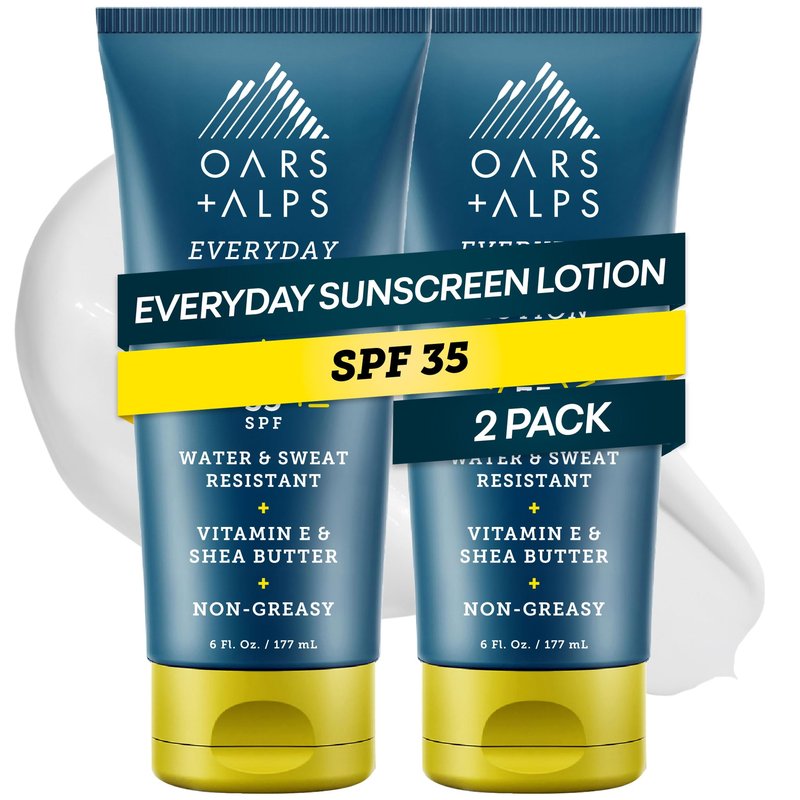 Oars + Alps Sunscreen Body Lotion for Everday Use, SPF 35 Body & Face Sunscreen Lotion, Infused with Aloe & Vitamin E, No White Residue, Water & Sweat Resistant, All Skin Types, Lightweight, 6oz, 2pk