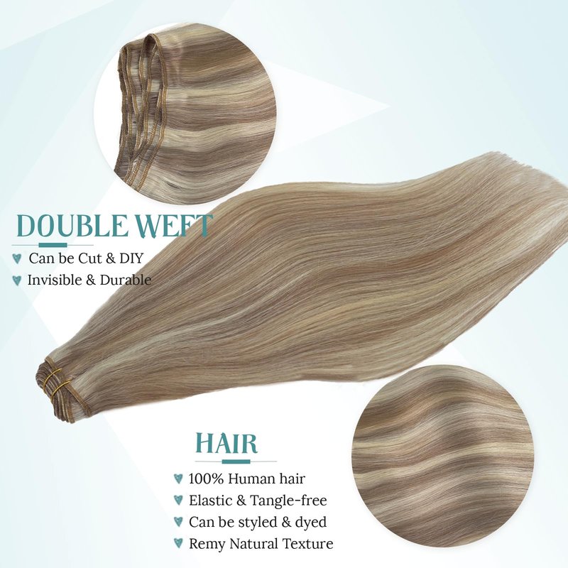 Sew in Hair Extensions Real Human Hair, Ombre Brown to Platinum Blonde Highlighted Weft Hair Extensions Human Hair 80G Double Weft Hand Tied Human Hair Extensions Sew in Bundles 16 Inch
