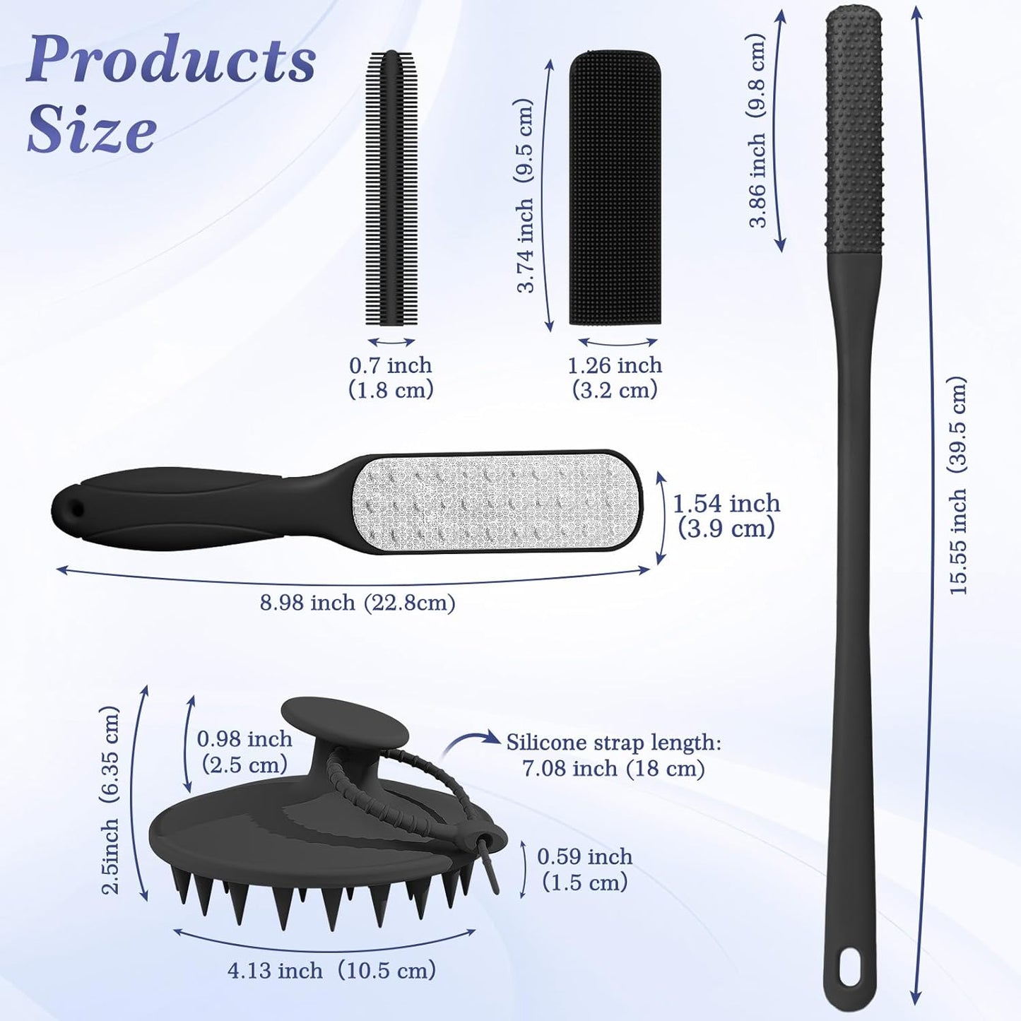 Silicone Back Scrubber Set - 8 PCS Body & Foot Cleaning Brushes | Scalp Massager & Shower Tools with 4 Hooks - Black