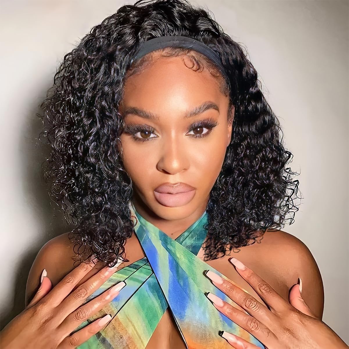 Usweety Headband Wigs Curly Short Deep Wave Wig 14 inches Synthetic Headband Wig for Women No Lace Wig Natural Color Bob Headband wig for Daily Use