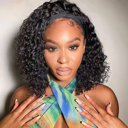 Usweety Headband Wigs Curly Short Deep Wave Wig 14 inches Synthetic Headband Wig for Women No Lace Wig Natural Color Bob Headband wig for Daily Use