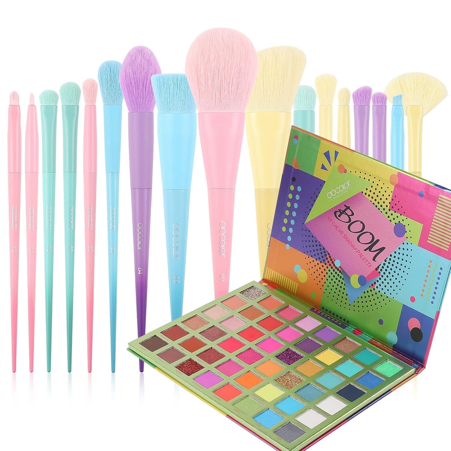 Docolor 17-Piece Colorful Makeup Brush Set & 48-Color Ultra Pigmented Eyeshadow Palette - Matte, Shimmer, Waterproof