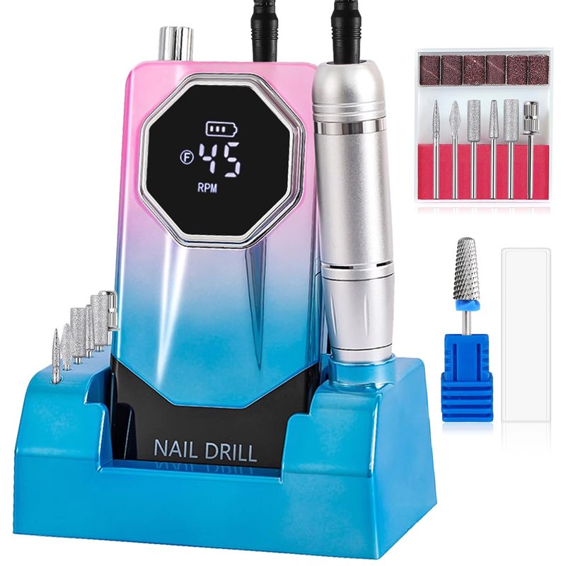 ESUOHYM 45000RPM Professional Cordless Portable Nail Drill Cordless Low Noise Nail Filer Electric Machine with Efile Bits & Base for Acrylic Nails, Nail Buffer Machine for Salon Home (Pink and Blue)