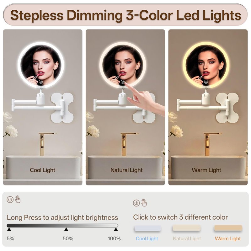 6" Led Wall Mounted Makeup Mirror Double Sided 1/20X, 1-Second Install Lightweight Compact Wall Mirror with Light, Rechargeable Extendable Magnifying Mirror for Bathroom, Wall Vanity Mirrors (1+20X)