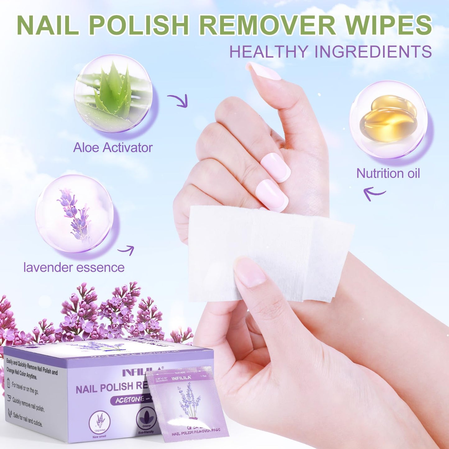 NXJ INFILILA Nail Polish Remover Pads, 100PCS Lavender Nail Polish Remover Wipes for Gel & Regular Polish, Individually Wrapped, Travel-Size, Professional Quick Removal for Home & On-the-Go Use