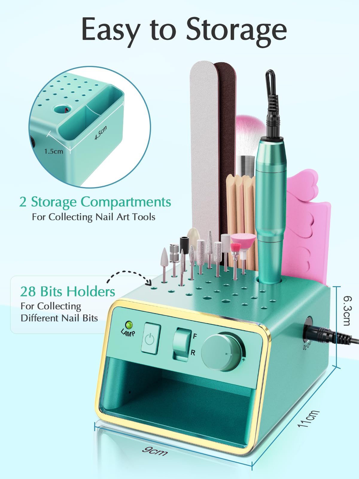 Subay Nail Drill Machine Electric File, Portable for Acrylic Gel Dip Powder Nails, Nail Drill Kit for Manicure Pedicure, Nail Set with Everything, Light Green