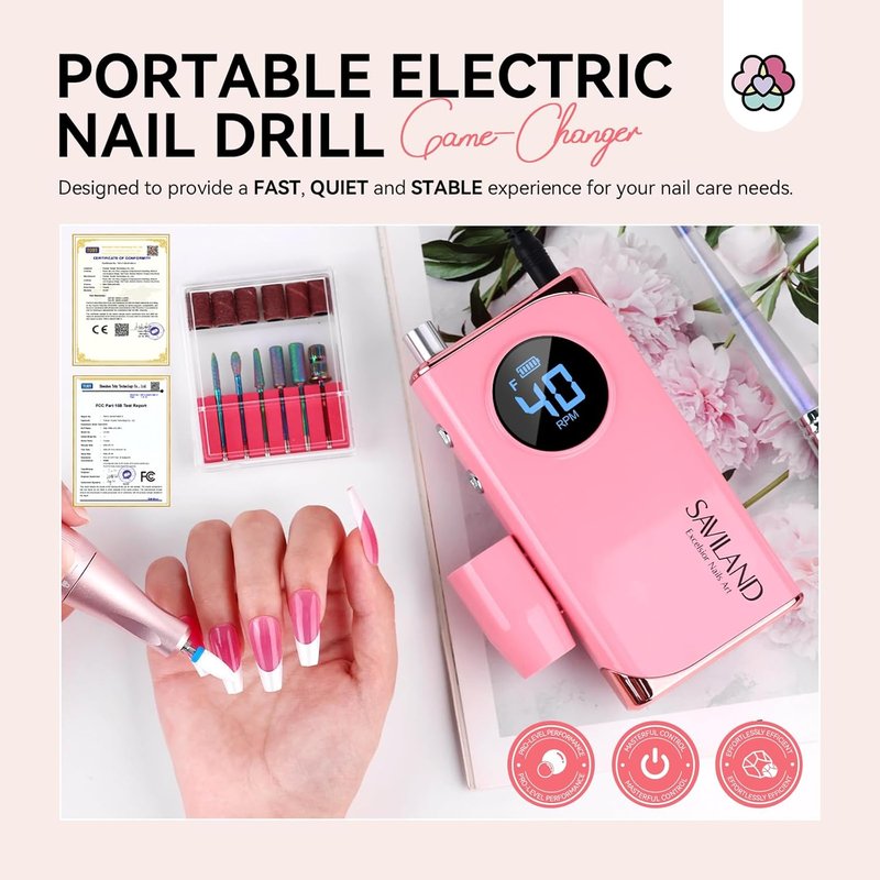 Professional Nail Drill - 40000RPM Rechargeable Electric Filer Kit | Pink, 6000mAh Battery for Acrylic Nails, Home Salon Use