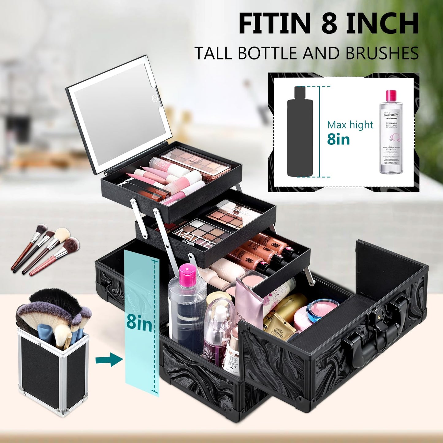 Faquenc Travel Makeup Case with LED Lighted Mirror - 11.6" Portable Makeup Organizer Box, Cosmetic Train Case with Detachable Brush Holder - Fluid Black