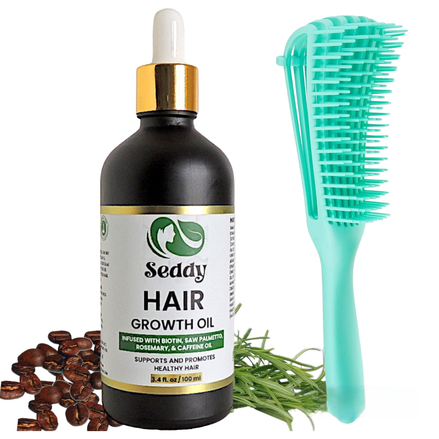 Seddy Hair Growth & Strengthening Oil with Caffeine, Rosemary, Castor, Biotin, Peppermint, Argan & Jojoba Oil & Detangling Brush, Painless Curly Hair Care Tool, Frizz-Free, Effortless Detangling