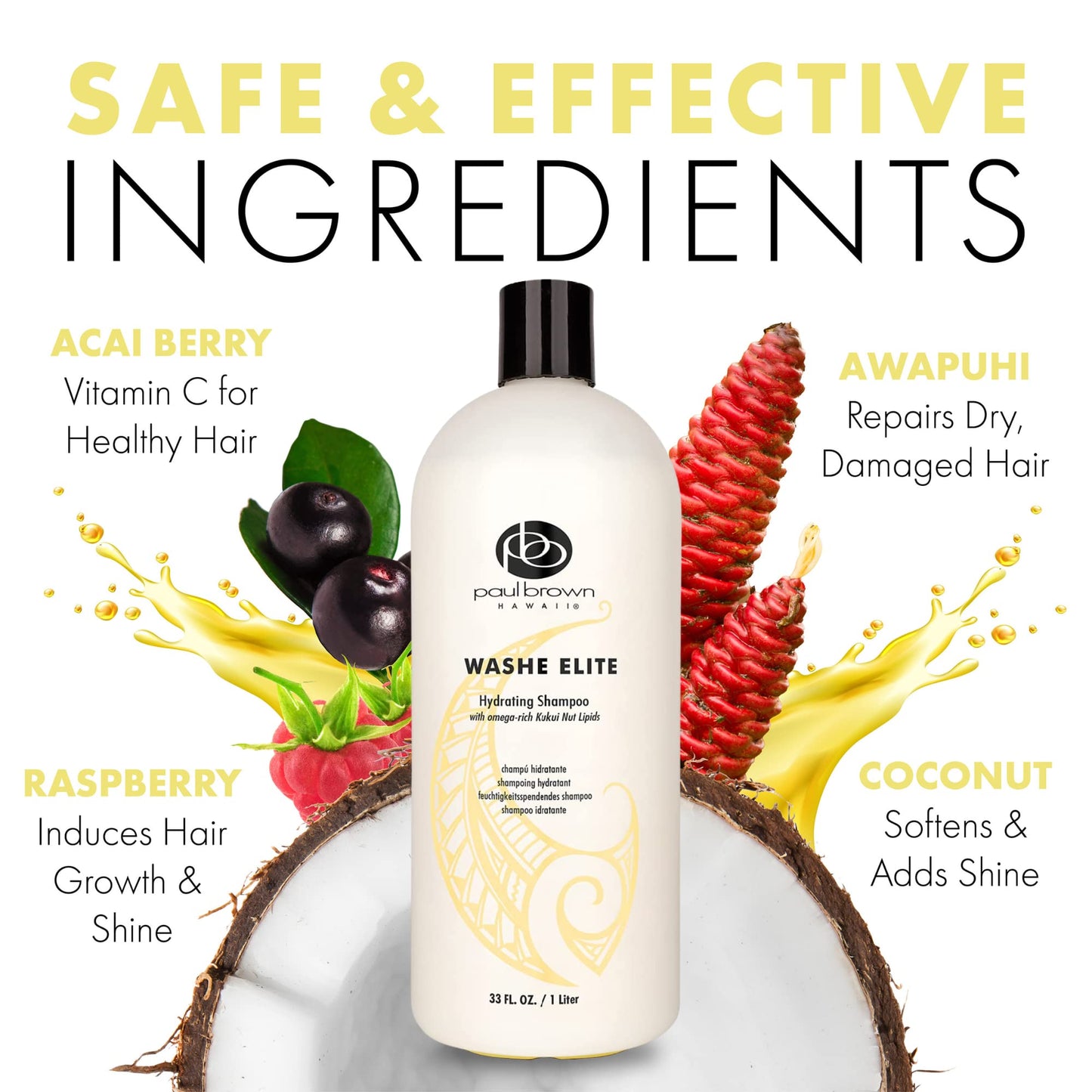 Paul Brown Hawaii Washe Elite Shampoo | Hydrate & Treat Damaged Hair | Moisturizing Hair Product, Safe for Color-Treated Hair, Antioxidant Kukui Nut Oil Protects Against Aging (33 oz.)