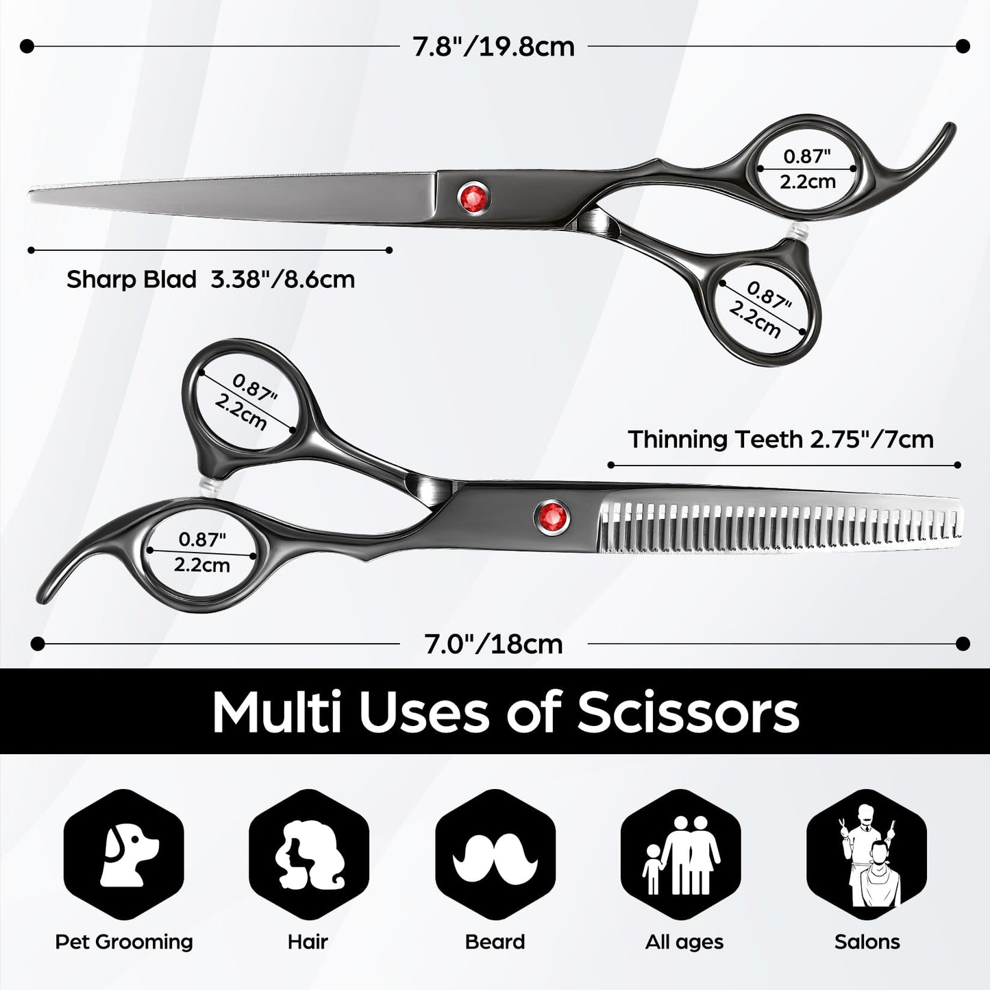 Wenshall Professional Hair Cutting Scissors Multifunctional 7.8 inch Straight / 7.0 inch Thinnin Shears Tools for Mother Father Friends' Christmas Gift, Black