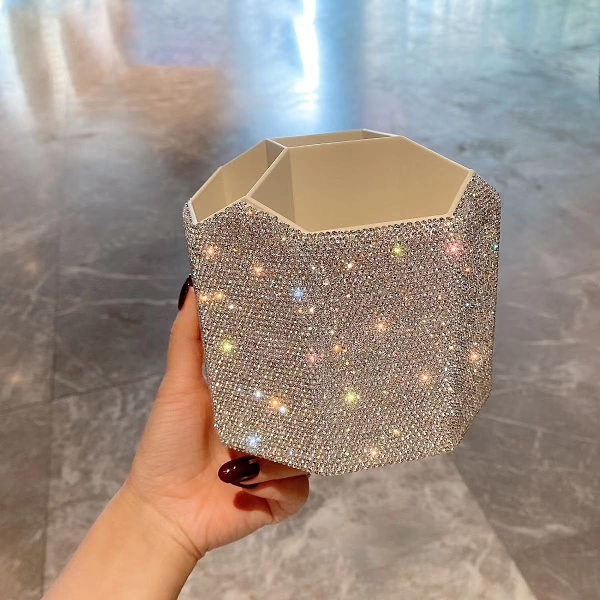 GUFONKOD Bling Design Makeup Brush Holder Organizer,360° Rotating Glitter Rhinestones Cosmetics Storage with 5 Slot Large Capacity Makeup Brushes Cup Pen Holder for Vanity,Bathroom Countertops