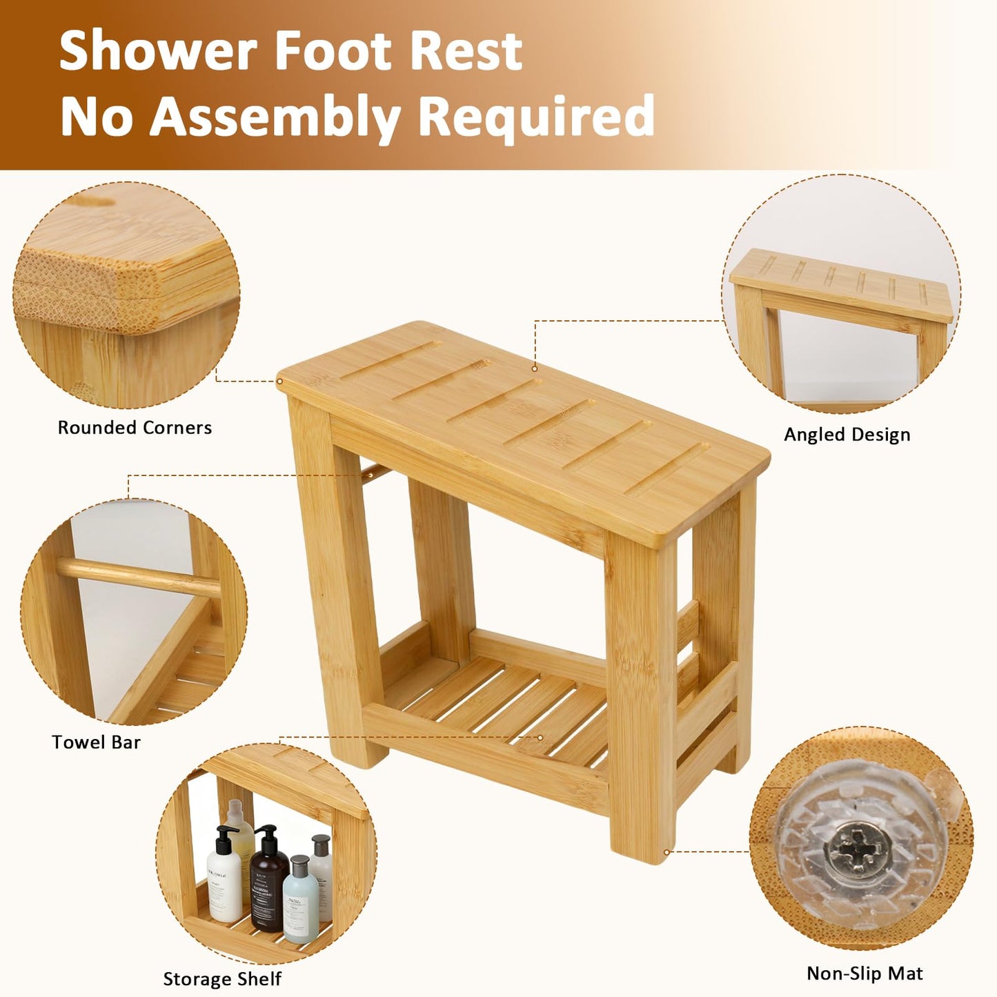 Forest Manor Bamboo Shower Foot Rest Stool for Shaving Legs & Pedicure, Non-Slip Bathroom Foot Step with Storage Pocket, Solid & Water-Resistant,Natural