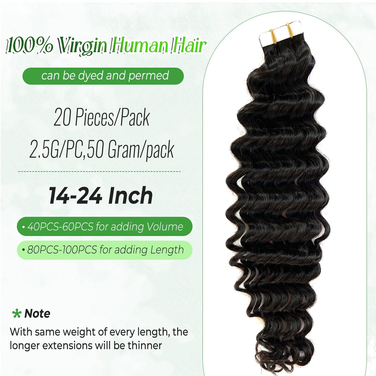 Deep Wave Tape in Hair Extensions Human Hair, Black Hair Extensions Real Remy Human Hair Curly Tape ins for Black Women, 50g/pack 20pcs Double Sided Invisible Tape Hair Extension 14 Inch
