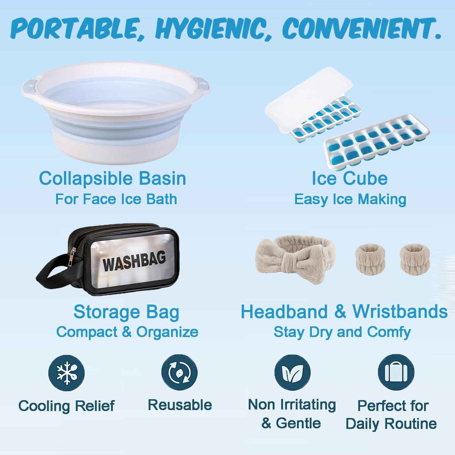 Facial Ice Bath Kit Foldable Face Bowl with Reusable Ice Cube, Headband & Wristband Set, Storage Bag, Portable, Convenient, Spa-Like Cold Therapy at Home