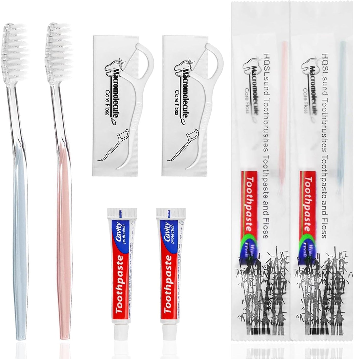 HQSLsund 100 Pack Disposable Toothbrushes with Toothpaste Floss Individually Wrapped, 2 Color Toothbrush,10g Toothpaste,Floss Pick,Bulk Toothbrush Kit for Homeless,Airbnb,Hotel,Guest