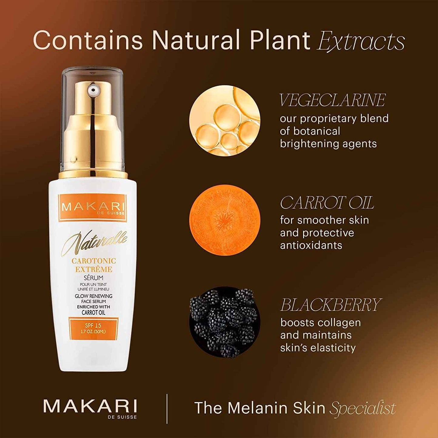 Makari Naturalle Carotonic Extreme Brightening Serum SPF15 (1.7 oz) | Helps Reduce Appearance Of Blemishes, Scars, and Imperfections | Brightens, Smoothens, & Gives Antioxidant Protection