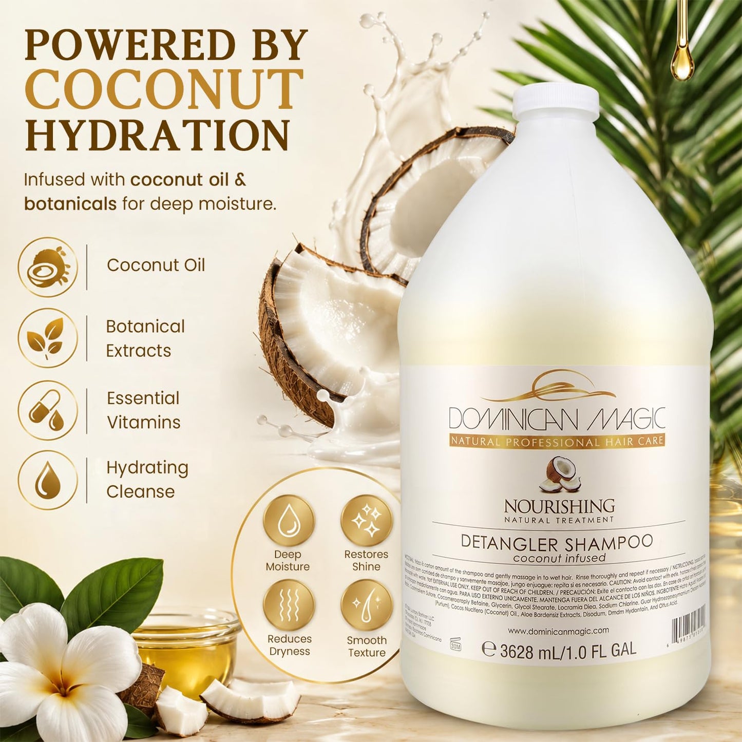 DOMINICAN MAGIC Detangler Shampoo – Coconut Infused (1 Gallon) | Hydrating & Smoothing Shampoo for Dry, Frizzy & Curly Hair | Deep Nourishment & Tangle-Free Finish