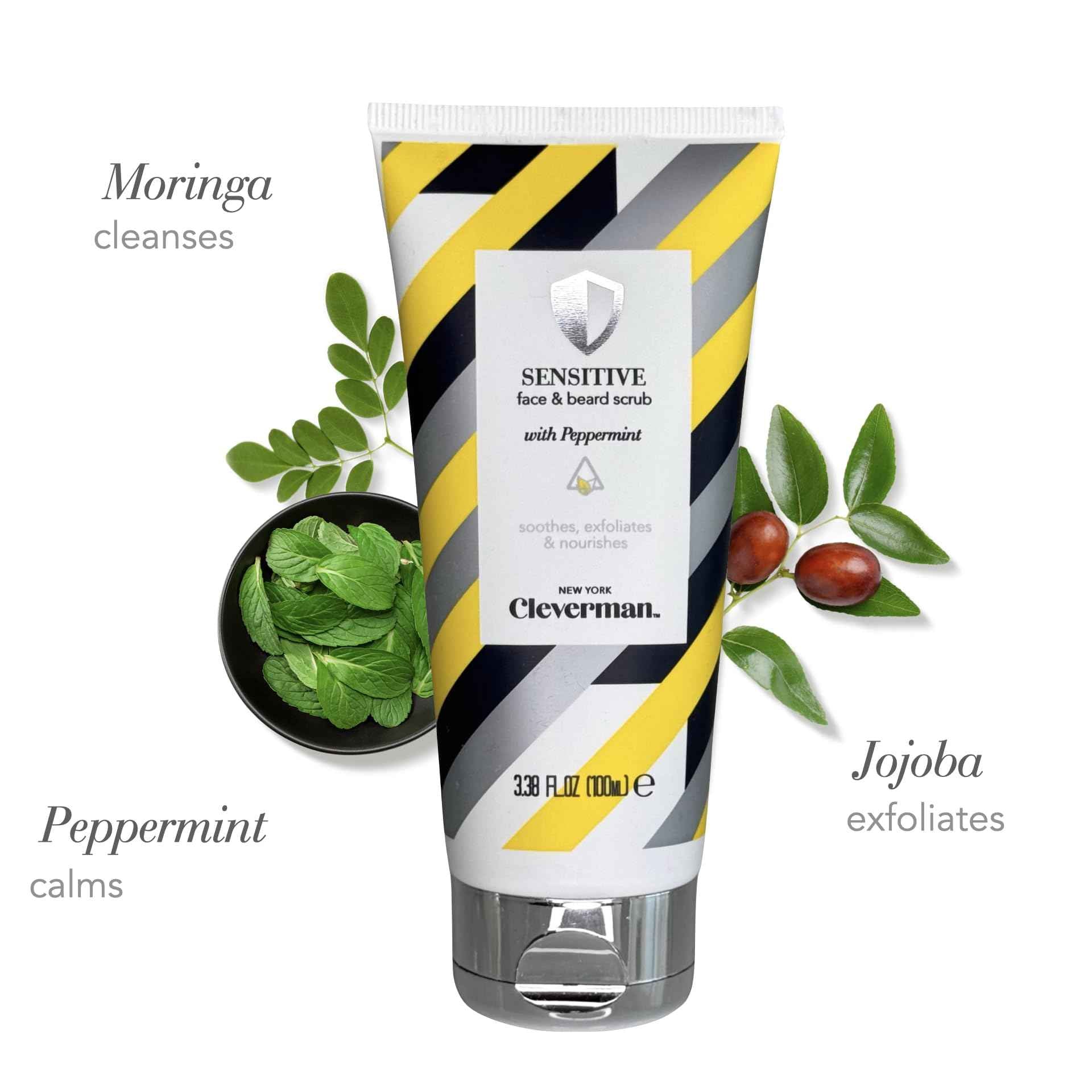 Cleverman Sensitive Face and Beard Scrub for Men, 100ml, Peppermint-Infused Exfoliating Facial Cleanser