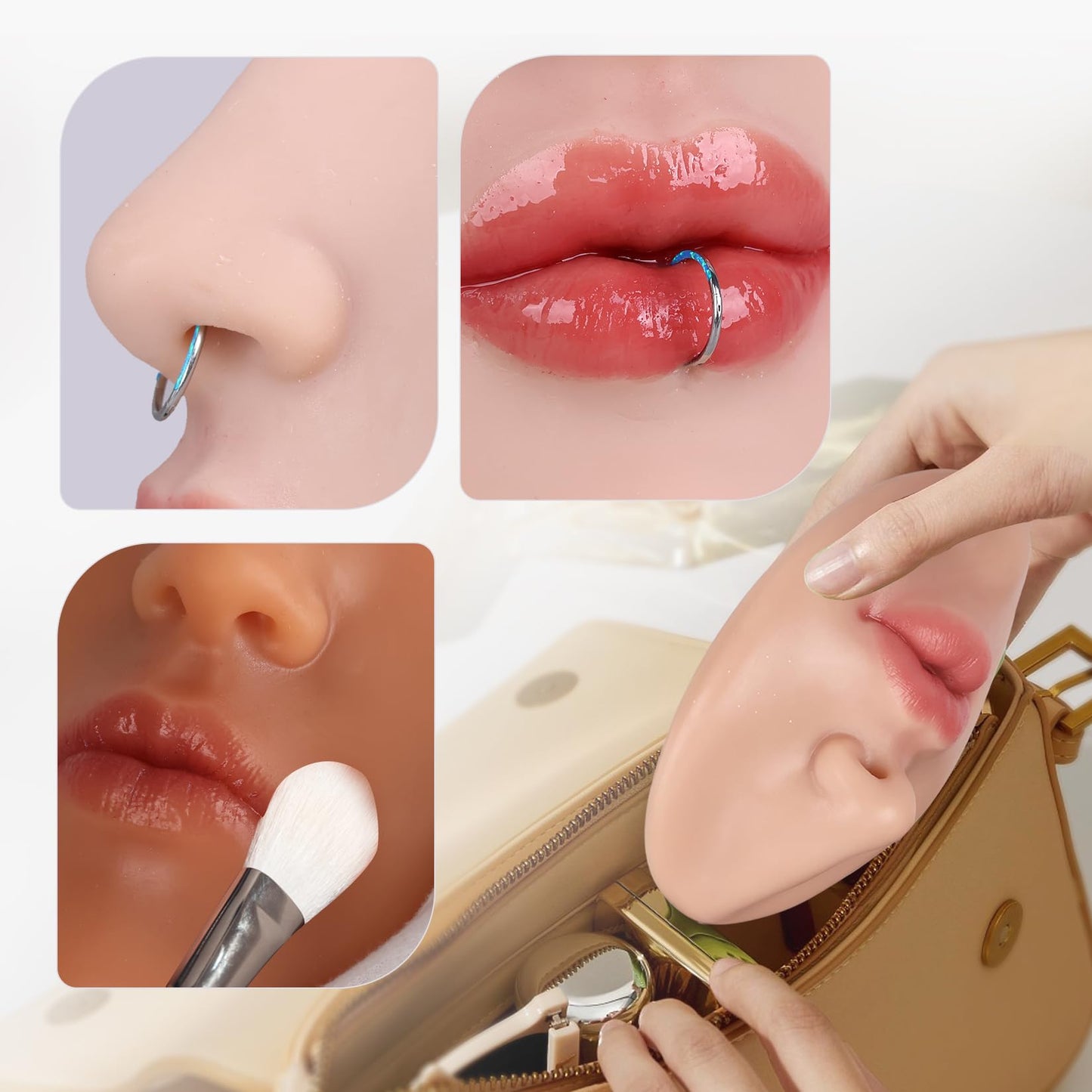 Vnmcry Silicone Nose Mouth Model Soft Flexible Piercing Practice Body Parts Silicone Lips Realistic Face Piercing Model Display (Ivory, M-Thin Lip)