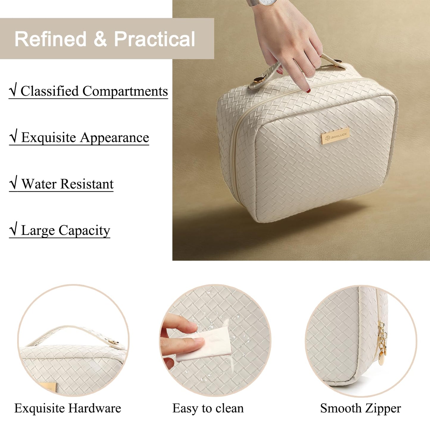 BAKLUCK Travel Makeup Bag Large Capacity Cosmetic Bags with Clear Double Sided, Checkered Makeup Bag with Makeup Brush Compartments, PU Waterproof Leather Makeup Organizer Bag for Women, Beige
