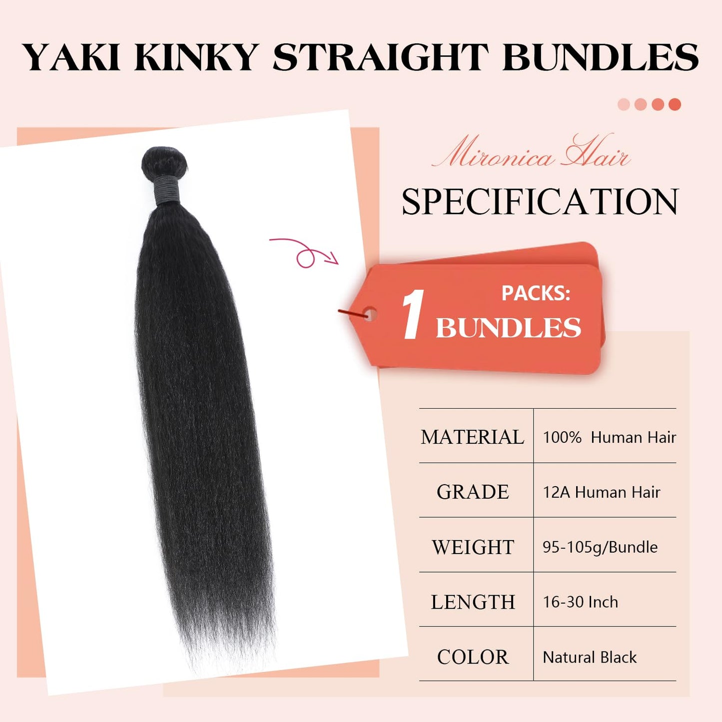 MIRONICA Yaki Kinky Straight Bundles Human Hair 18 Inch