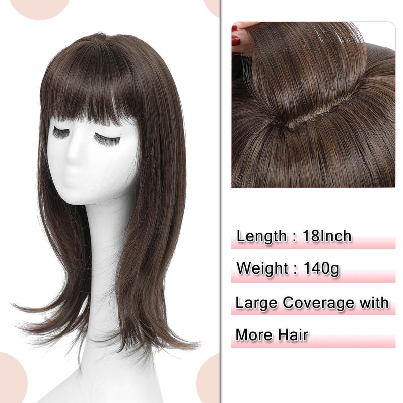 Megito Hair Topper with Bangs 18inch Long Hair Toppers for Women with Thinning Hair 6.5"X6.5" Big Base Synthetic Pieces for Women Daily Wear Add Volume Medium Brown